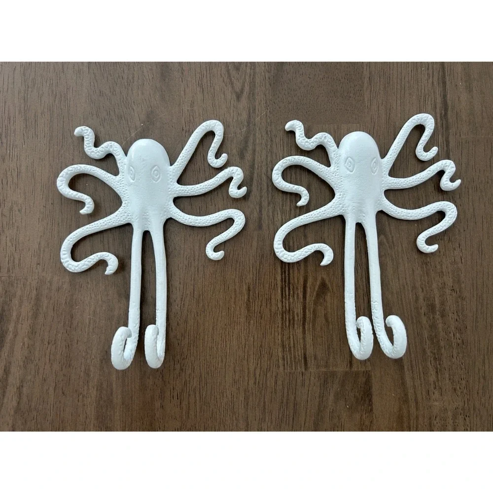 White Octopus Metal Wall Hooks Set of 2 Nautical Coastal Decorative Hangers